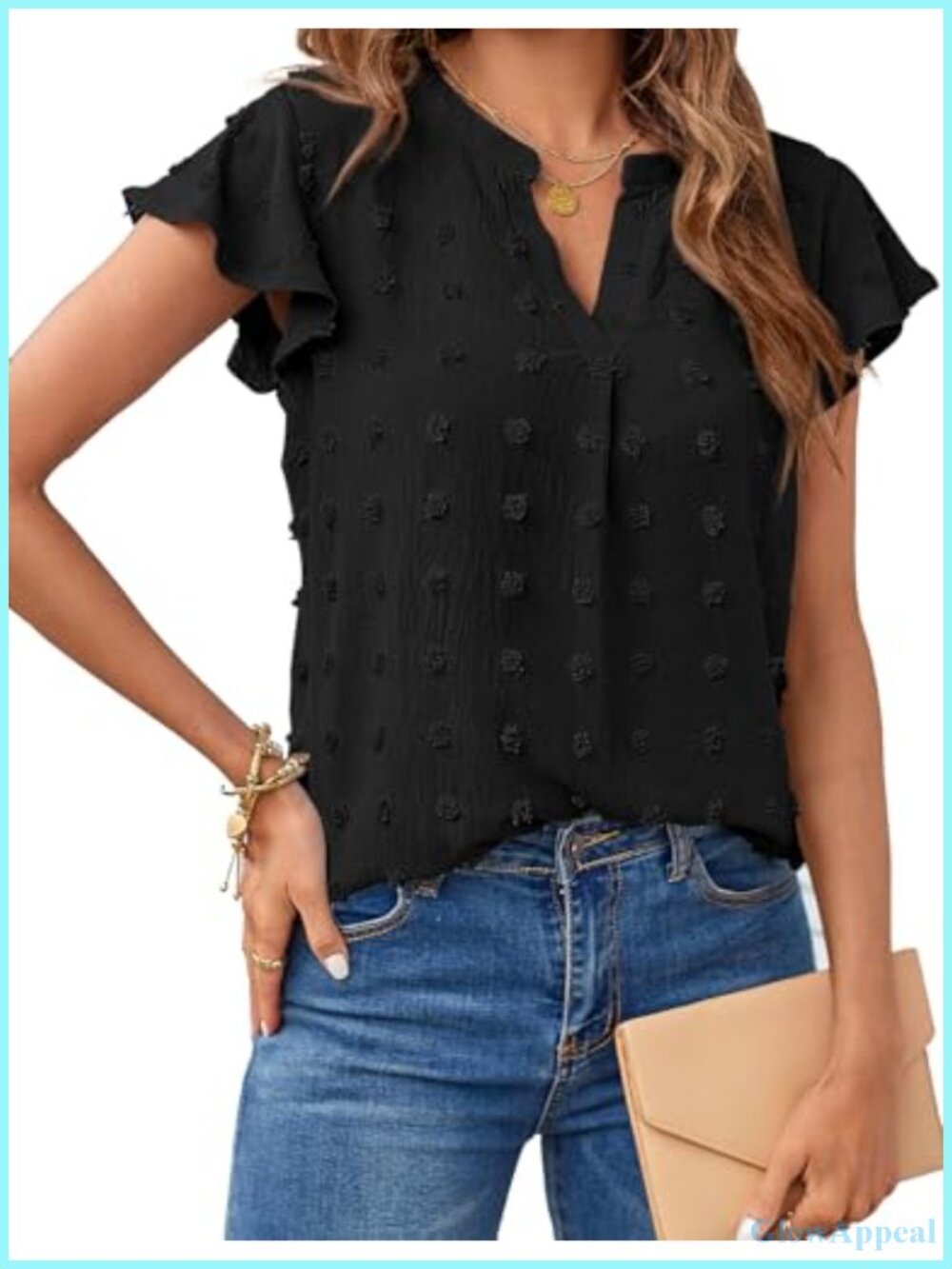 Womens Ruffle Sleeve V Neck Blouse Casual Swiss Dot Tunic Top Summer